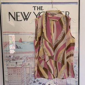 Multi muted colour with a hit of animal sleeveless top with scarf neck size M